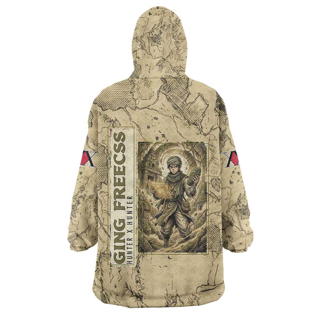 Ging Freecss Theme Desert Explorer Design Wearable Blanket Hoodie with Ancient Map Background and Adventure Card Artwork - The Mazicc