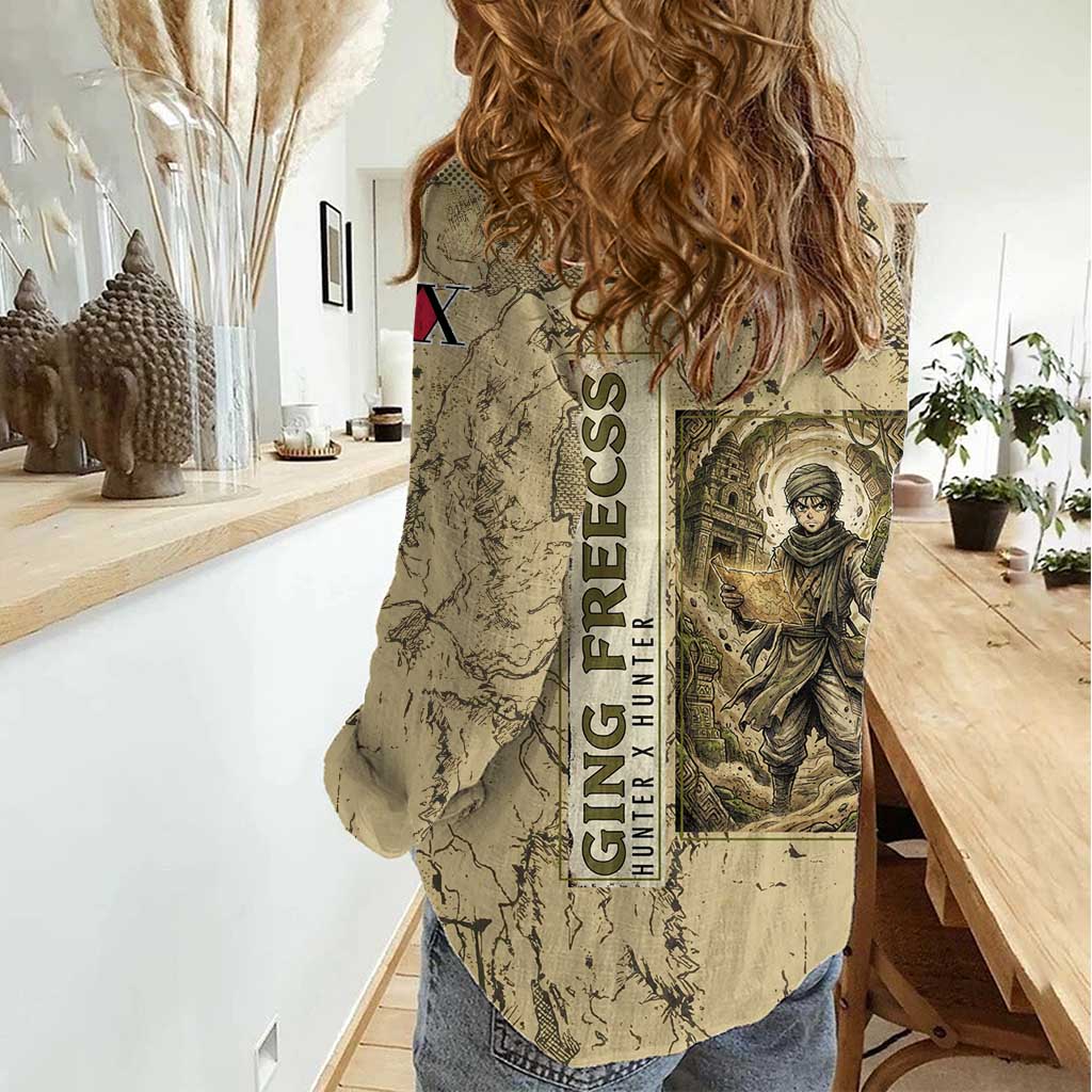 Ging Freecss Theme Desert Explorer Design Women Casual Shirt with Ancient Map Background and Adventure Card Artwork - The Mazicc