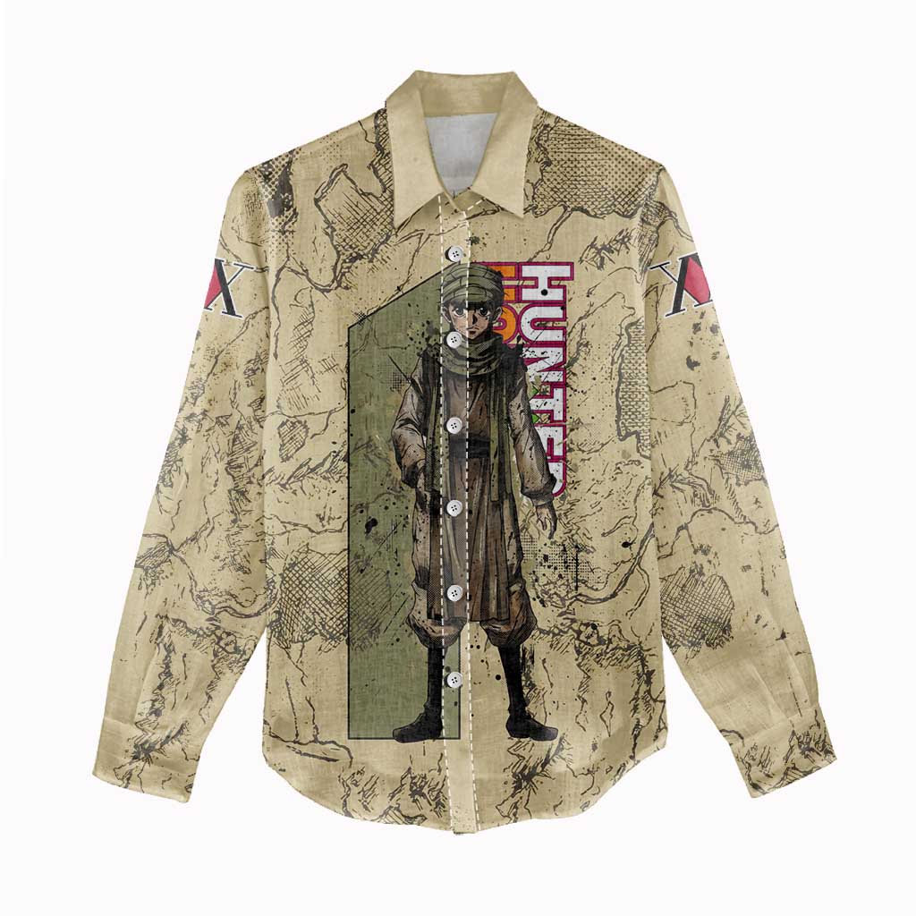 Ging Freecss Theme Desert Explorer Design Women Casual Shirt with Ancient Map Background and Adventure Card Artwork - The Mazicc