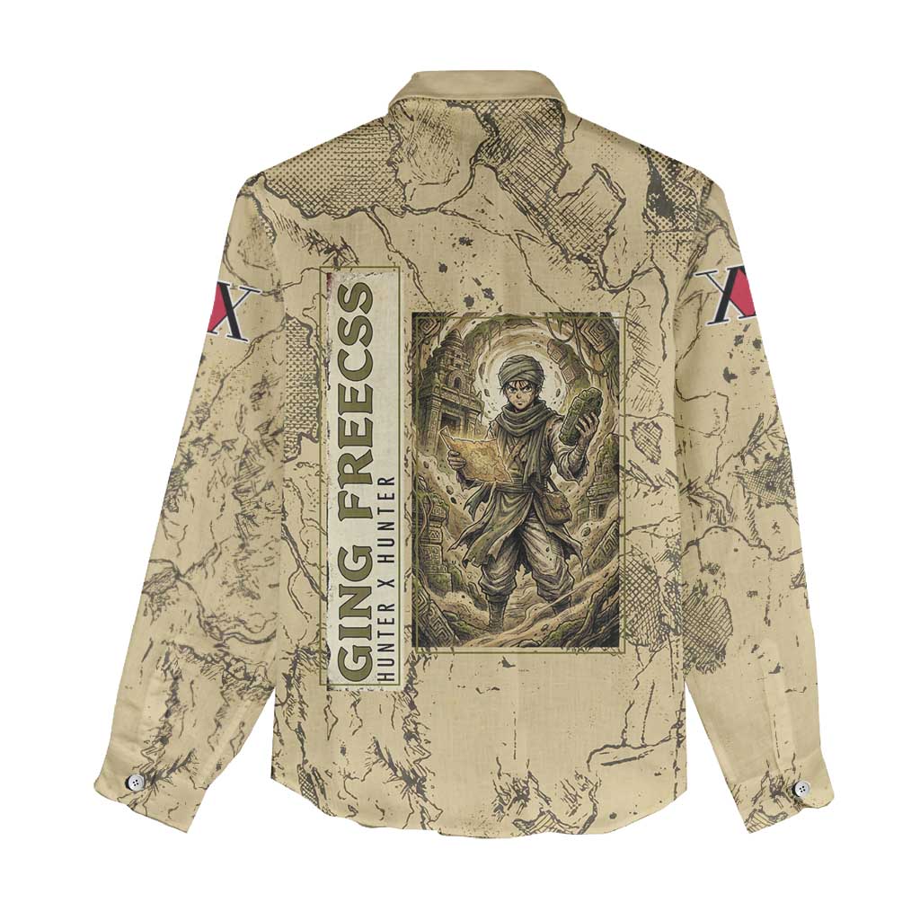 Ging Freecss Theme Desert Explorer Design Women Casual Shirt with Ancient Map Background and Adventure Card Artwork - The Mazicc