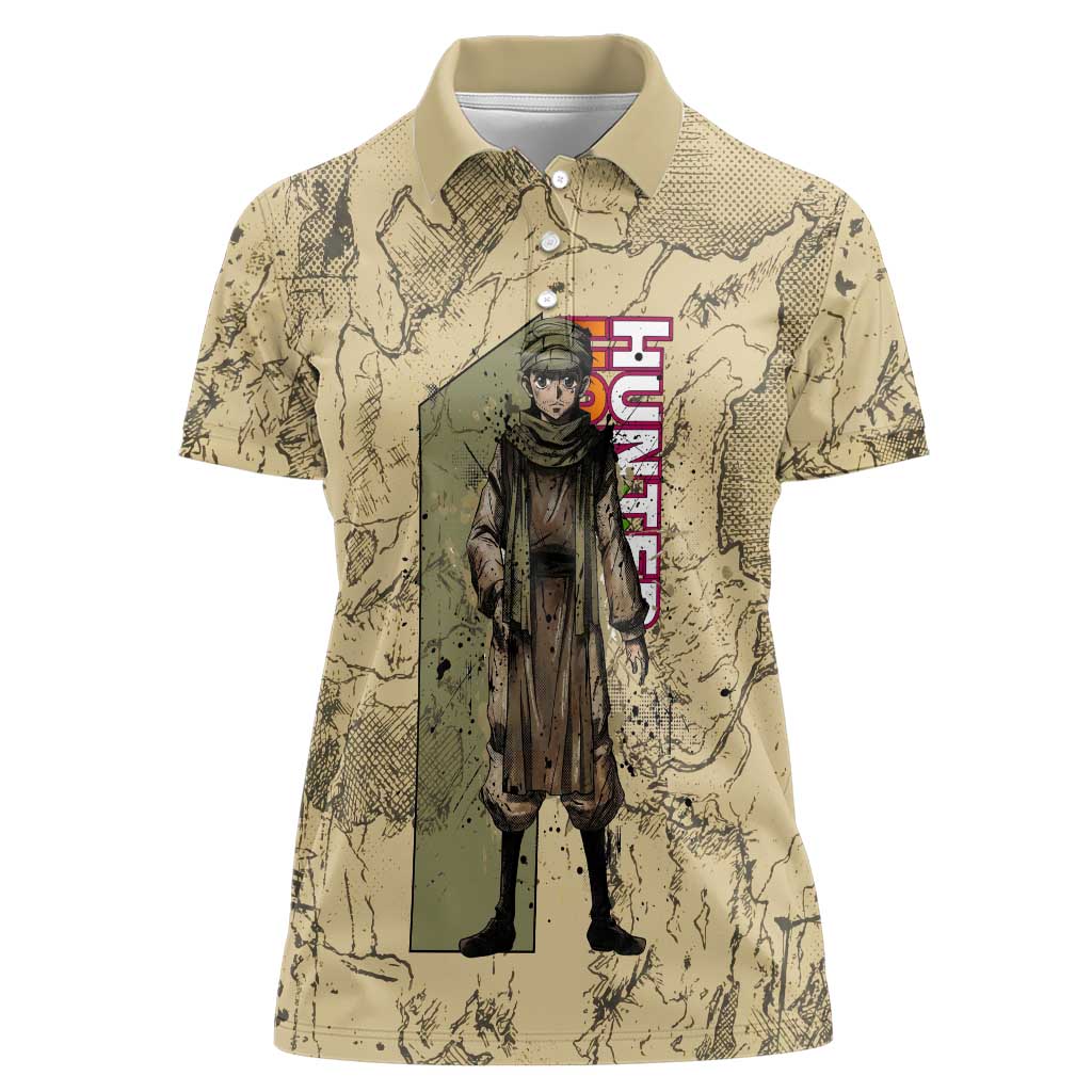 Ging Freecss Theme Desert Explorer Design Women Polo Shirt with Ancient Map Background and Adventure Card Artwork - The Mazicc