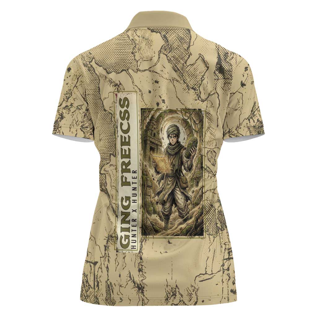 Ging Freecss Theme Desert Explorer Design Women Polo Shirt with Ancient Map Background and Adventure Card Artwork - The Mazicc