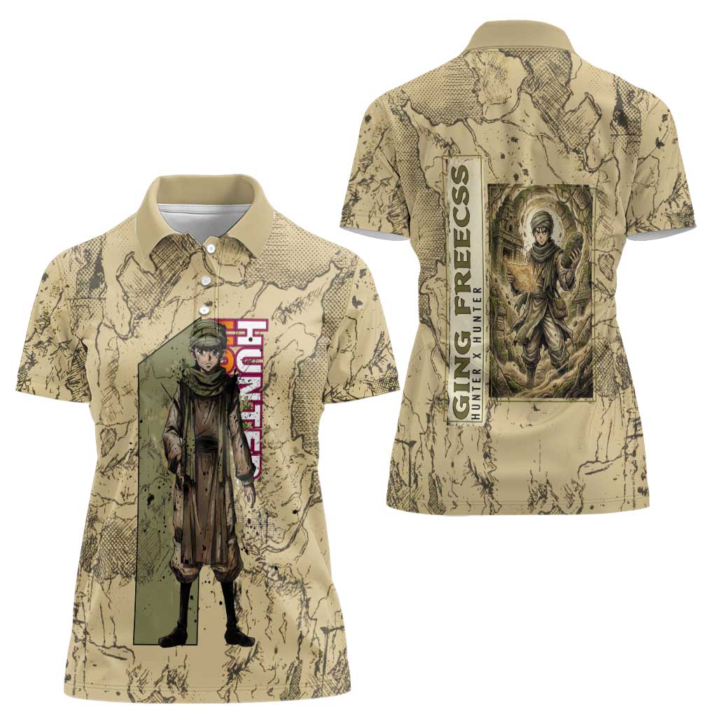 Ging Freecss Theme Desert Explorer Design Women Polo Shirt with Ancient Map Background and Adventure Card Artwork - The Mazicc
