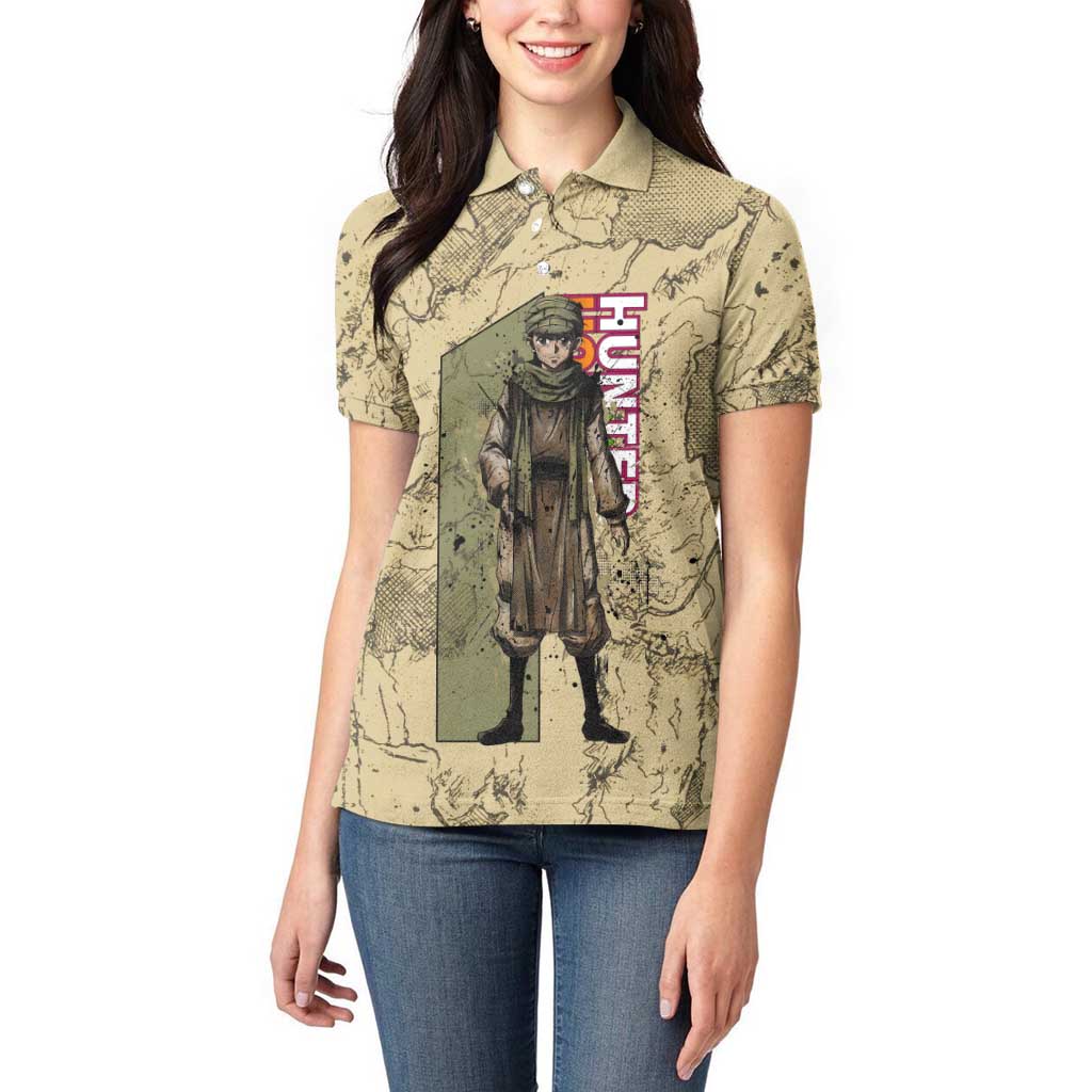 Ging Freecss Theme Desert Explorer Design Women Polo Shirt with Ancient Map Background and Adventure Card Artwork - The Mazicc