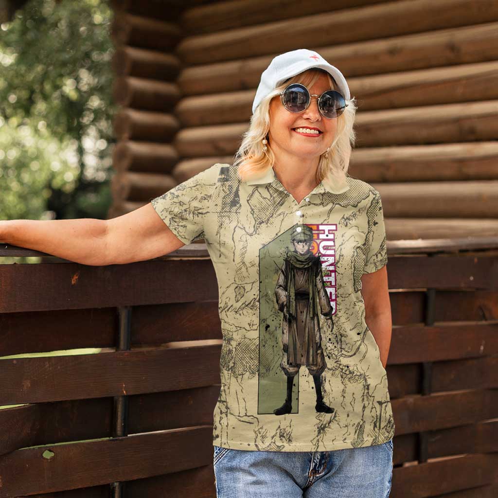 Ging Freecss Theme Desert Explorer Design Women Polo Shirt with Ancient Map Background and Adventure Card Artwork - The Mazicc