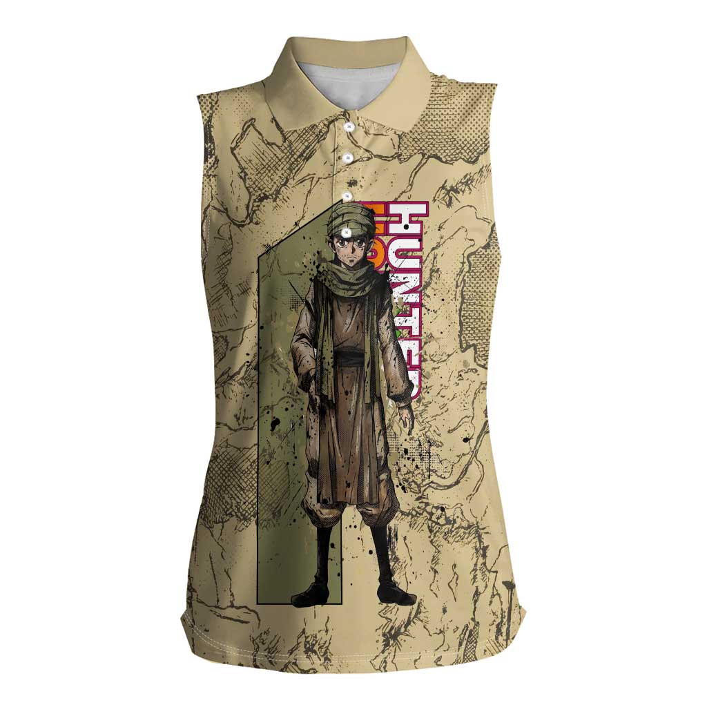 Ging Freecss Theme Desert Explorer Design Women Sleeveless Polo Shirt with Ancient Map Background and Adventure Card Artwork - The Mazicc