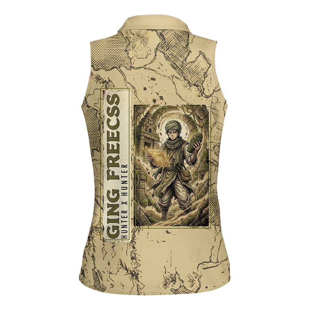 Ging Freecss Theme Desert Explorer Design Women Sleeveless Polo Shirt with Ancient Map Background and Adventure Card Artwork - The Mazicc
