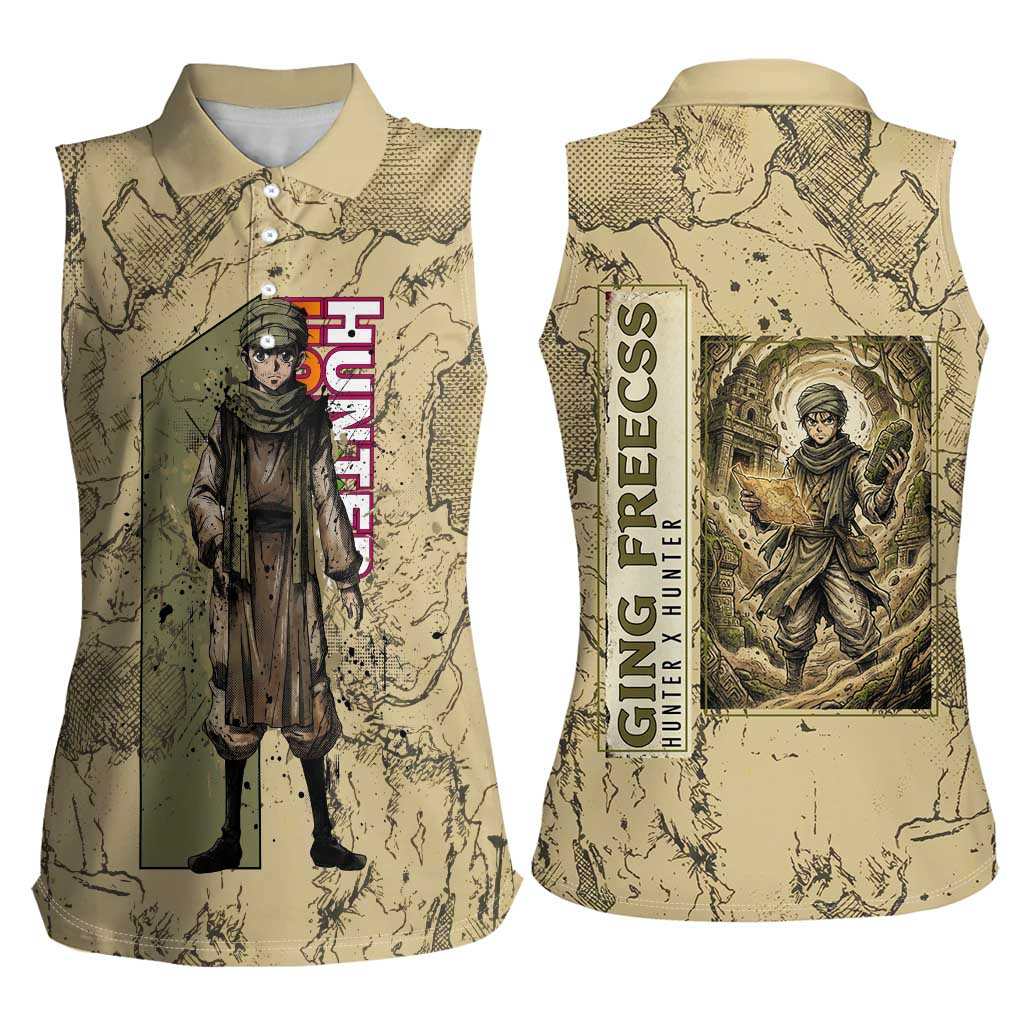 Ging Freecss Theme Desert Explorer Design Women Sleeveless Polo Shirt with Ancient Map Background and Adventure Card Artwork - The Mazicc