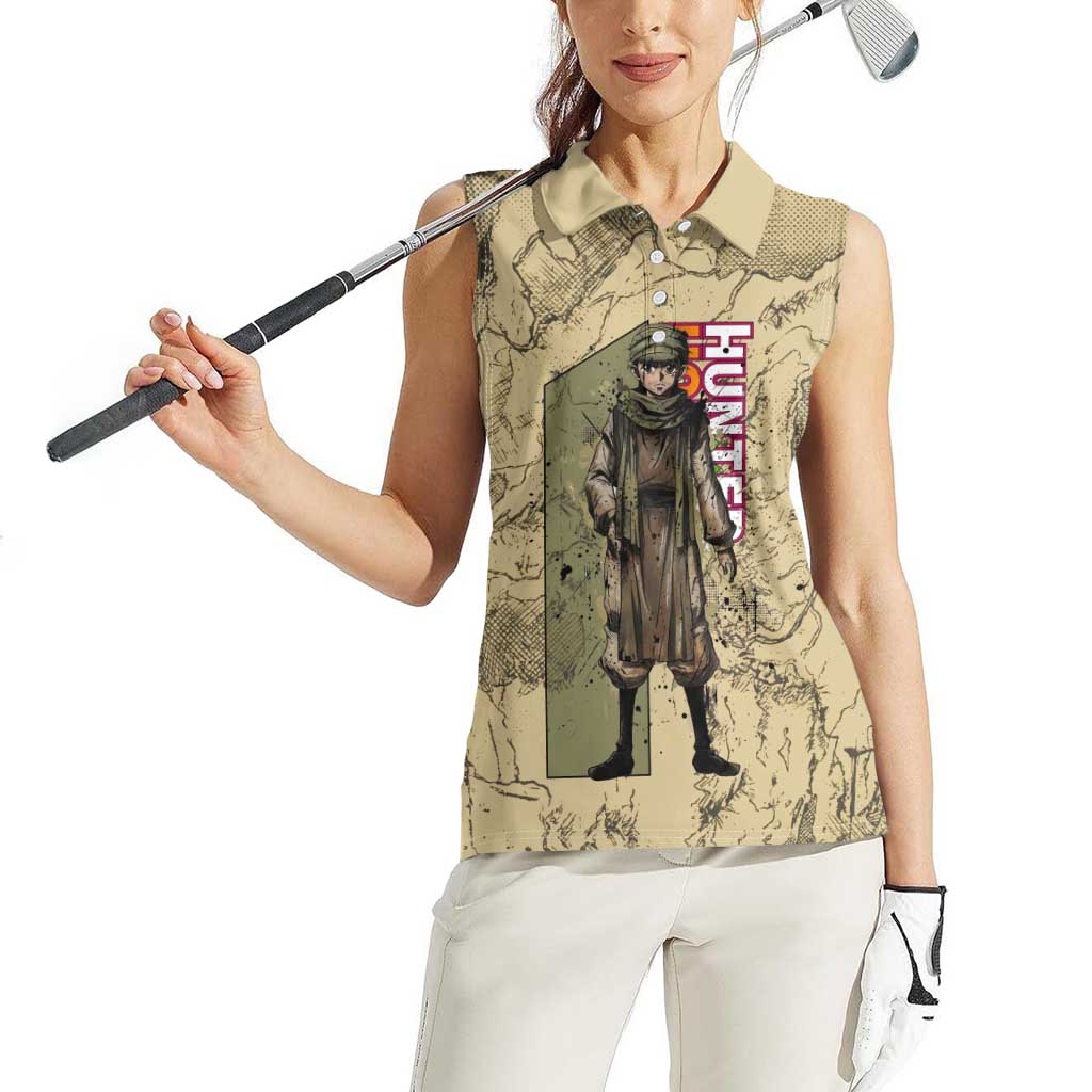Ging Freecss Theme Desert Explorer Design Women Sleeveless Polo Shirt with Ancient Map Background and Adventure Card Artwork - The Mazicc