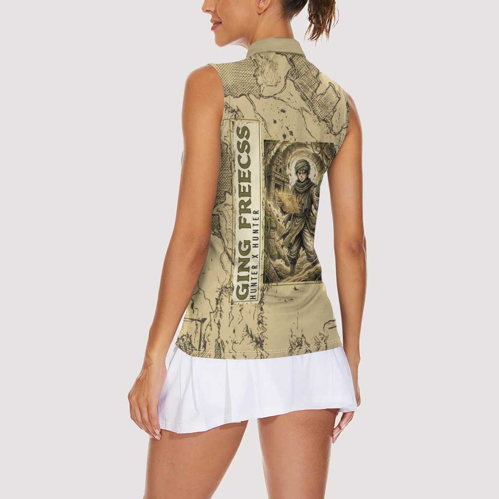 Ging Freecss Theme Desert Explorer Design Women Sleeveless Polo Shirt with Ancient Map Background and Adventure Card Artwork - The Mazicc