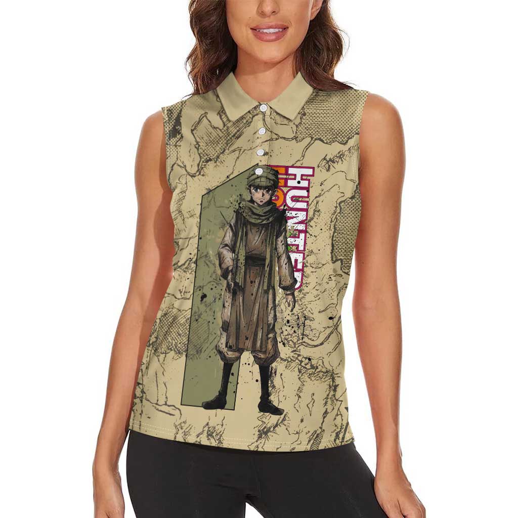 Ging Freecss Theme Desert Explorer Design Women Sleeveless Polo Shirt with Ancient Map Background and Adventure Card Artwork - The Mazicc