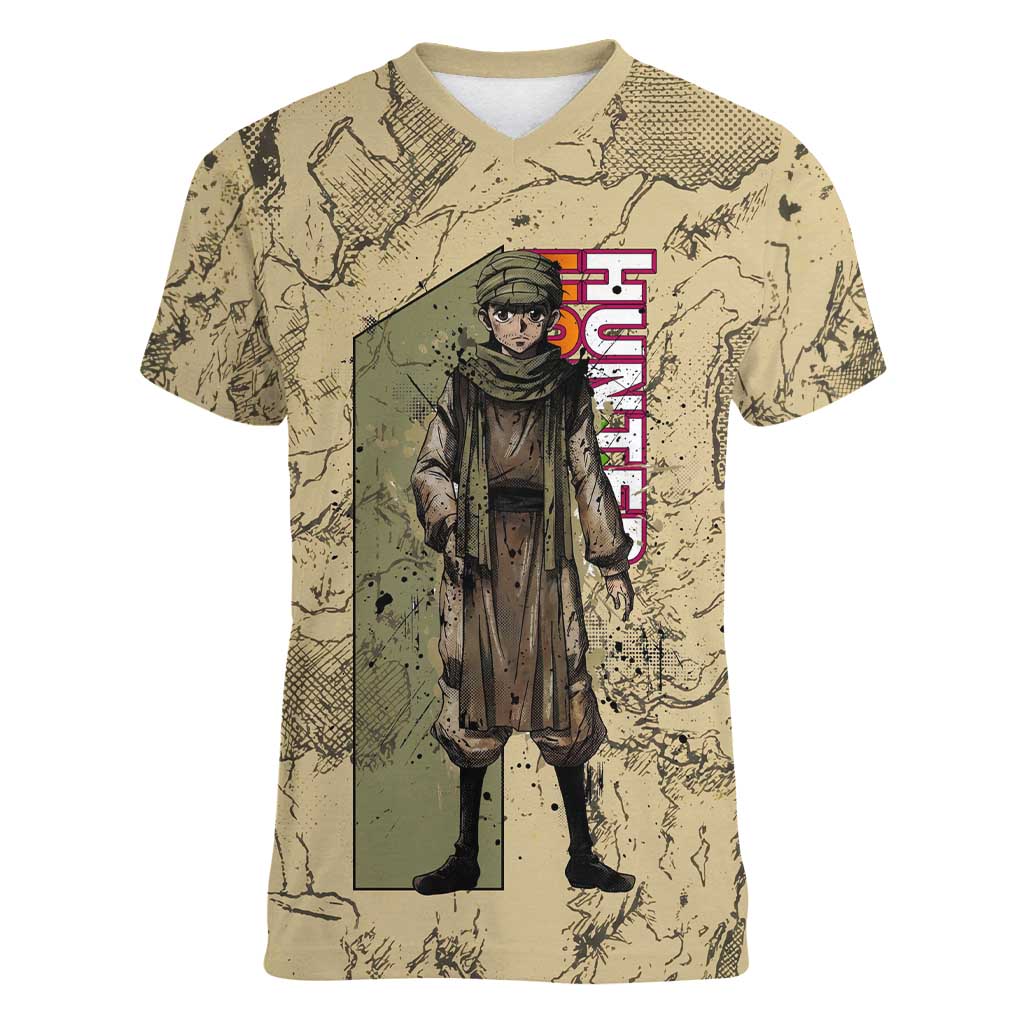 Ging Freecss Theme Desert Explorer Design Women V-Neck T-Shirt with Ancient Map Background and Adventure Card Artwork - The Mazicc