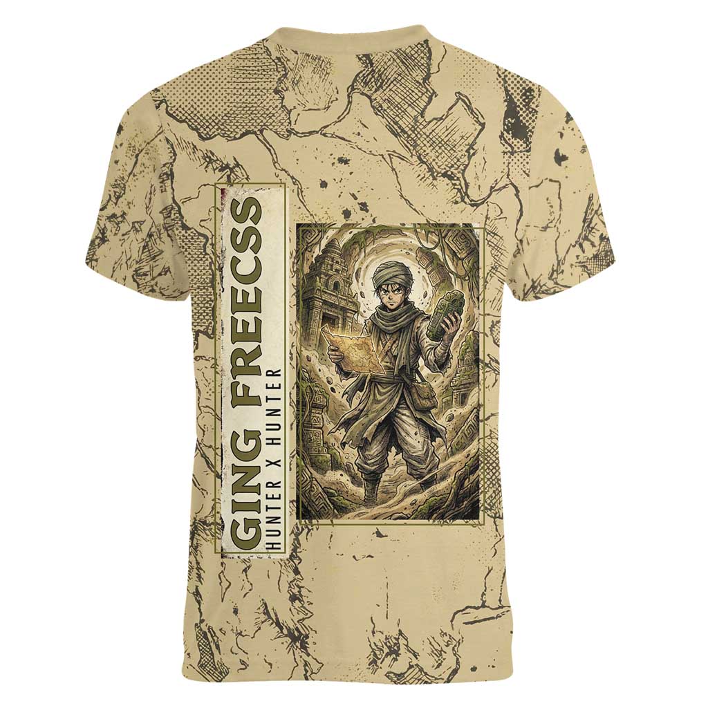 Ging Freecss Theme Desert Explorer Design Women V-Neck T-Shirt with Ancient Map Background and Adventure Card Artwork - The Mazicc