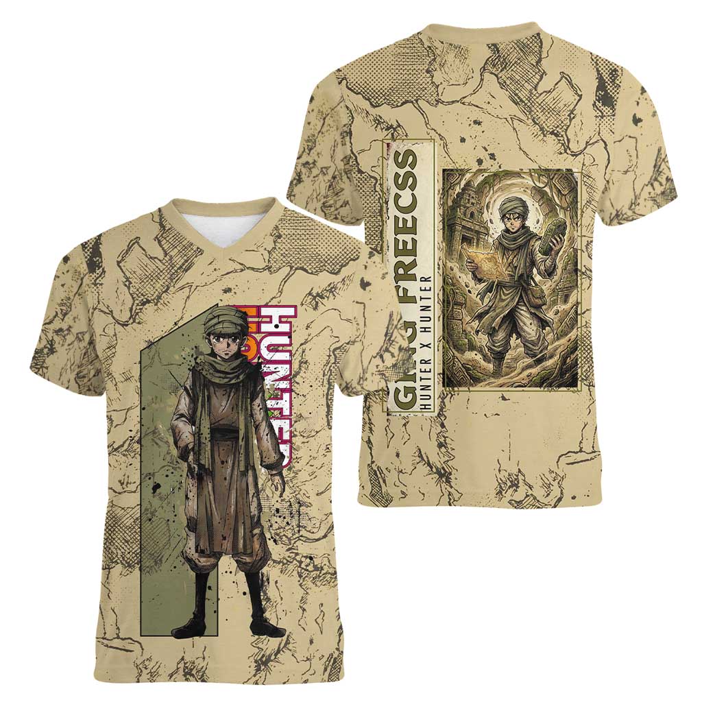 Ging Freecss Theme Desert Explorer Design Women V-Neck T-Shirt with Ancient Map Background and Adventure Card Artwork - The Mazicc
