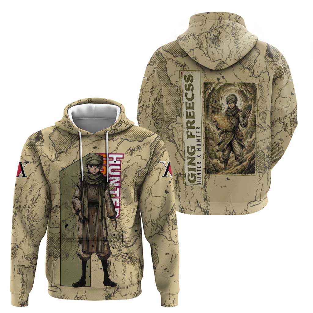 Ging Freecss Theme Desert Explorer Design Zip Hoodie with Ancient Map Background and Adventure Card Artwork - The Mazicc