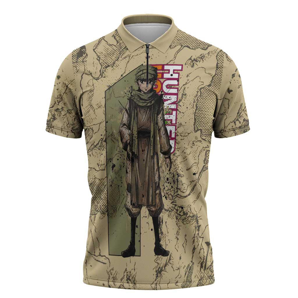 Ging Freecss Theme Desert Explorer Design Zipper Polo Shirt with Ancient Map Background and Adventure Card Artwork - The Mazicc
