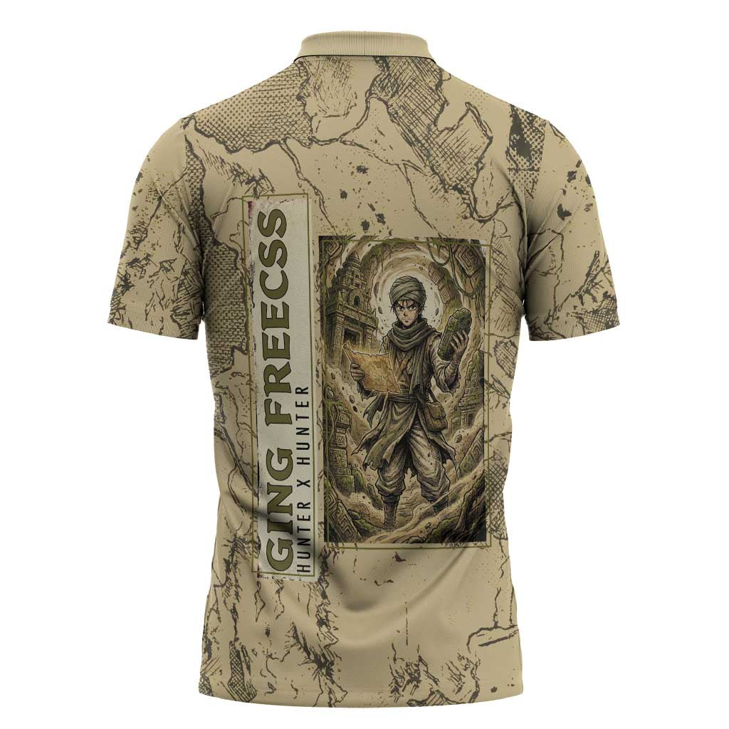 Ging Freecss Theme Desert Explorer Design Zipper Polo Shirt with Ancient Map Background and Adventure Card Artwork - The Mazicc
