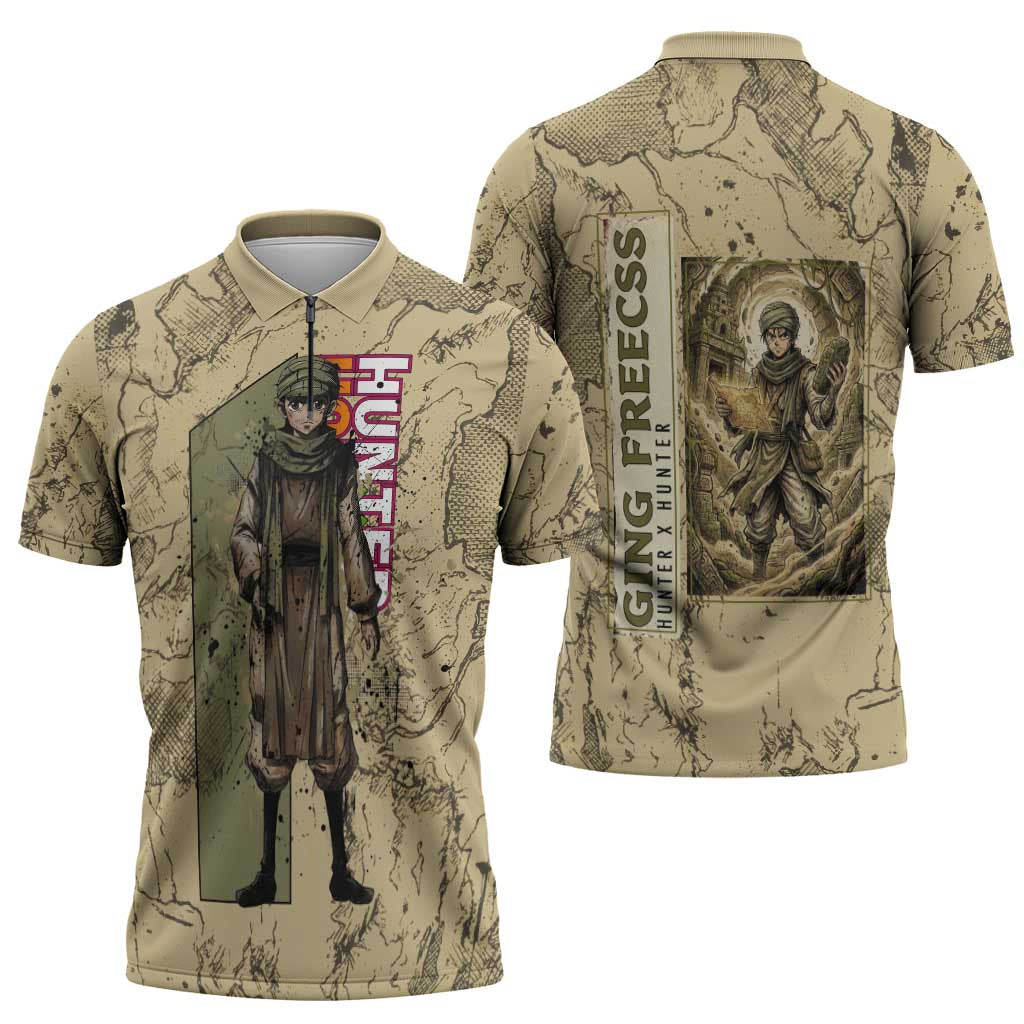Ging Freecss Theme Desert Explorer Design Zipper Polo Shirt with Ancient Map Background and Adventure Card Artwork - The Mazicc