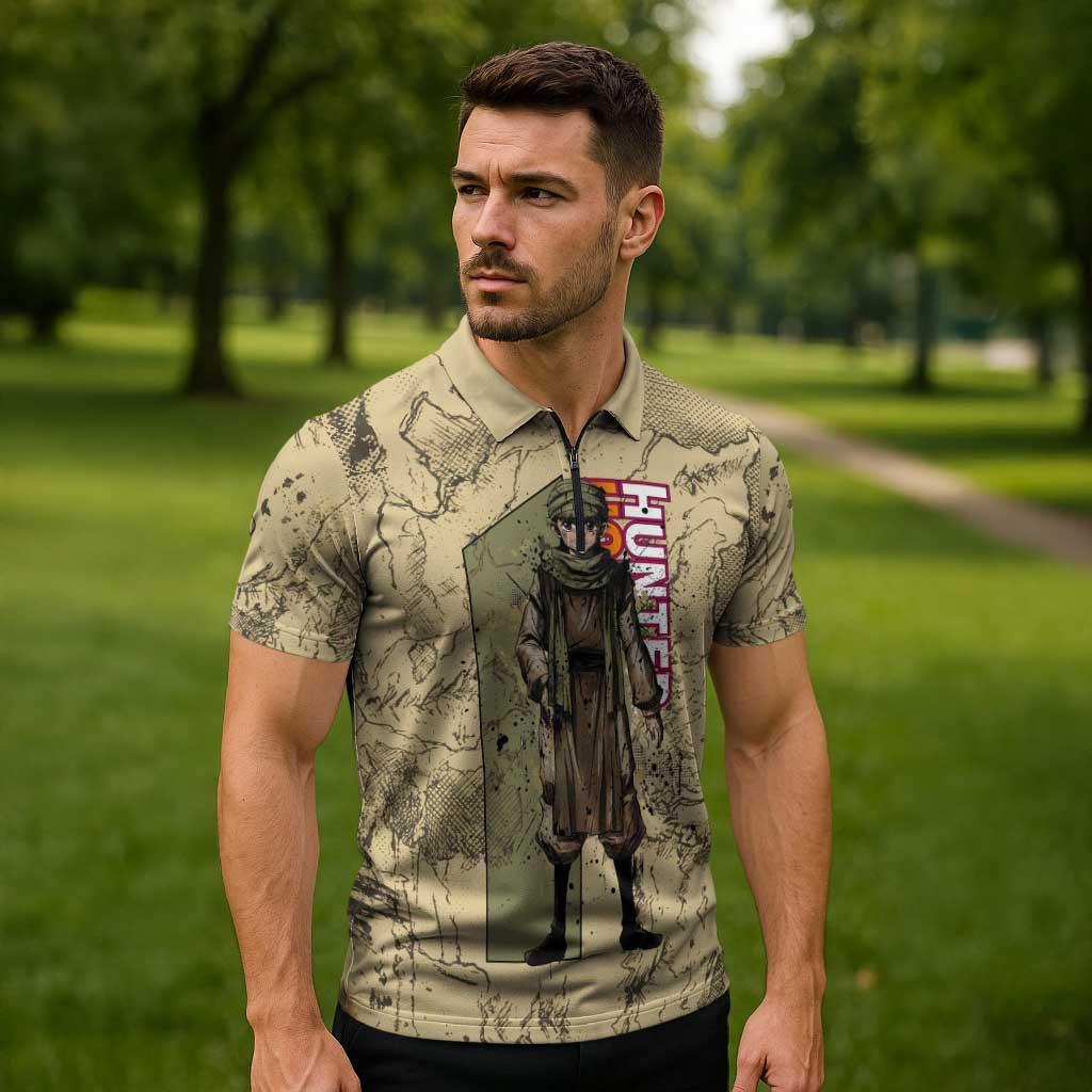 Ging Freecss Theme Desert Explorer Design Zipper Polo Shirt with Ancient Map Background and Adventure Card Artwork - The Mazicc