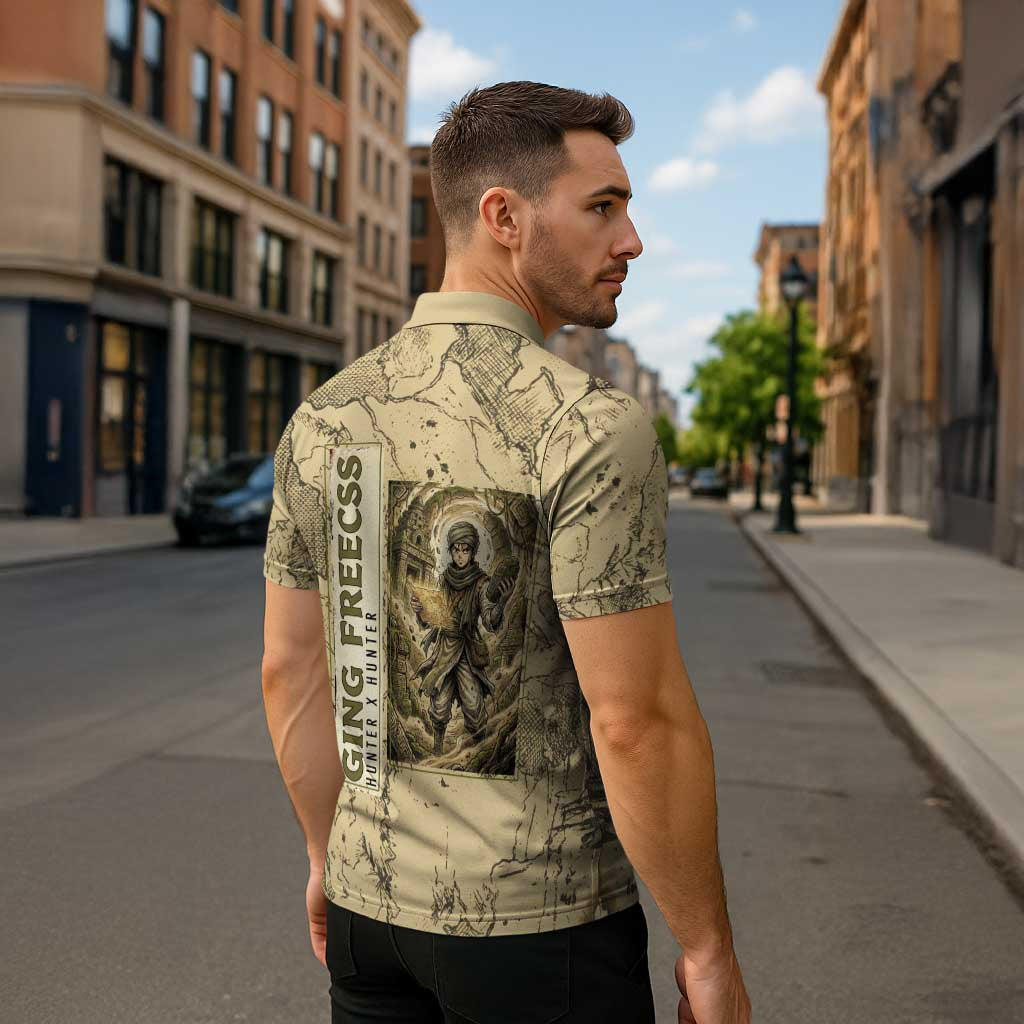 Ging Freecss Theme Desert Explorer Design Zipper Polo Shirt with Ancient Map Background and Adventure Card Artwork - The Mazicc
