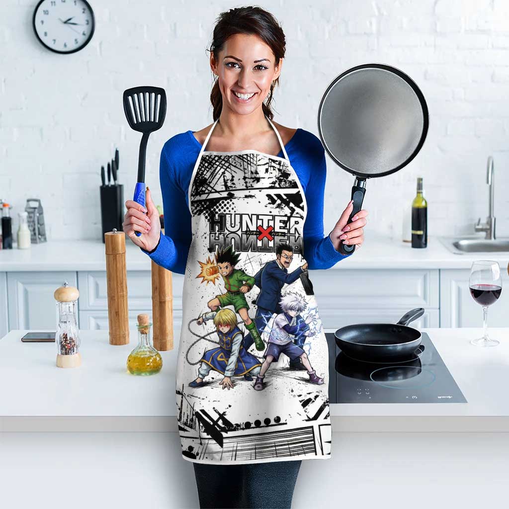 Main Characters Monochrome Graffiti Style Apron with Gon Killua Kurapika and Leorio Team Design - The Mazicc
