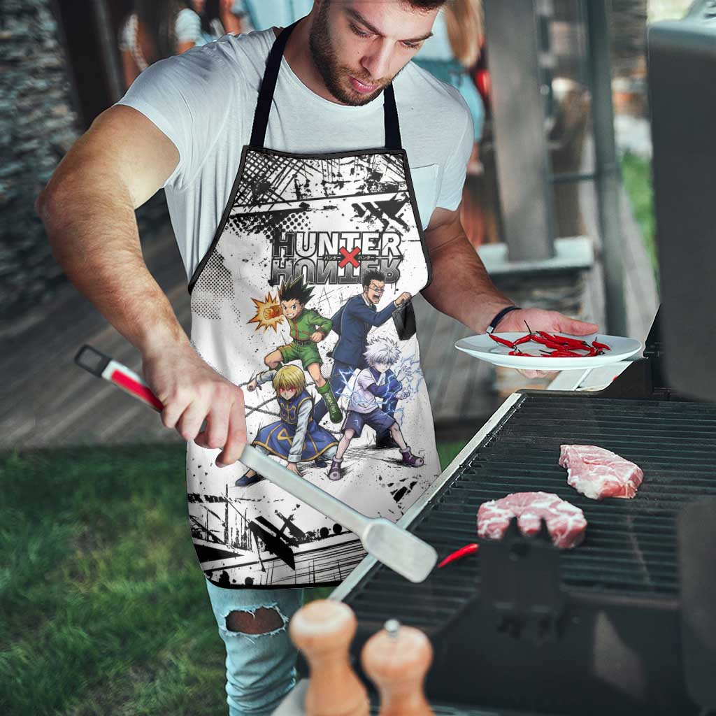 Main Characters Monochrome Graffiti Style Apron with Gon Killua Kurapika and Leorio Team Design - The Mazicc