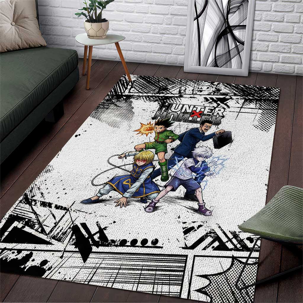 Main Characters Monochrome Graffiti Style Area Rug with Gon Killua Kurapika and Leorio Team Design - The Mazicc