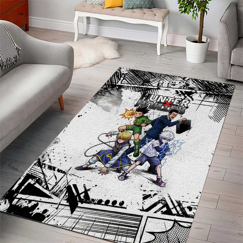 Main Characters Monochrome Graffiti Style Area Rug with Gon Killua Kurapika and Leorio Team Design - The Mazicc