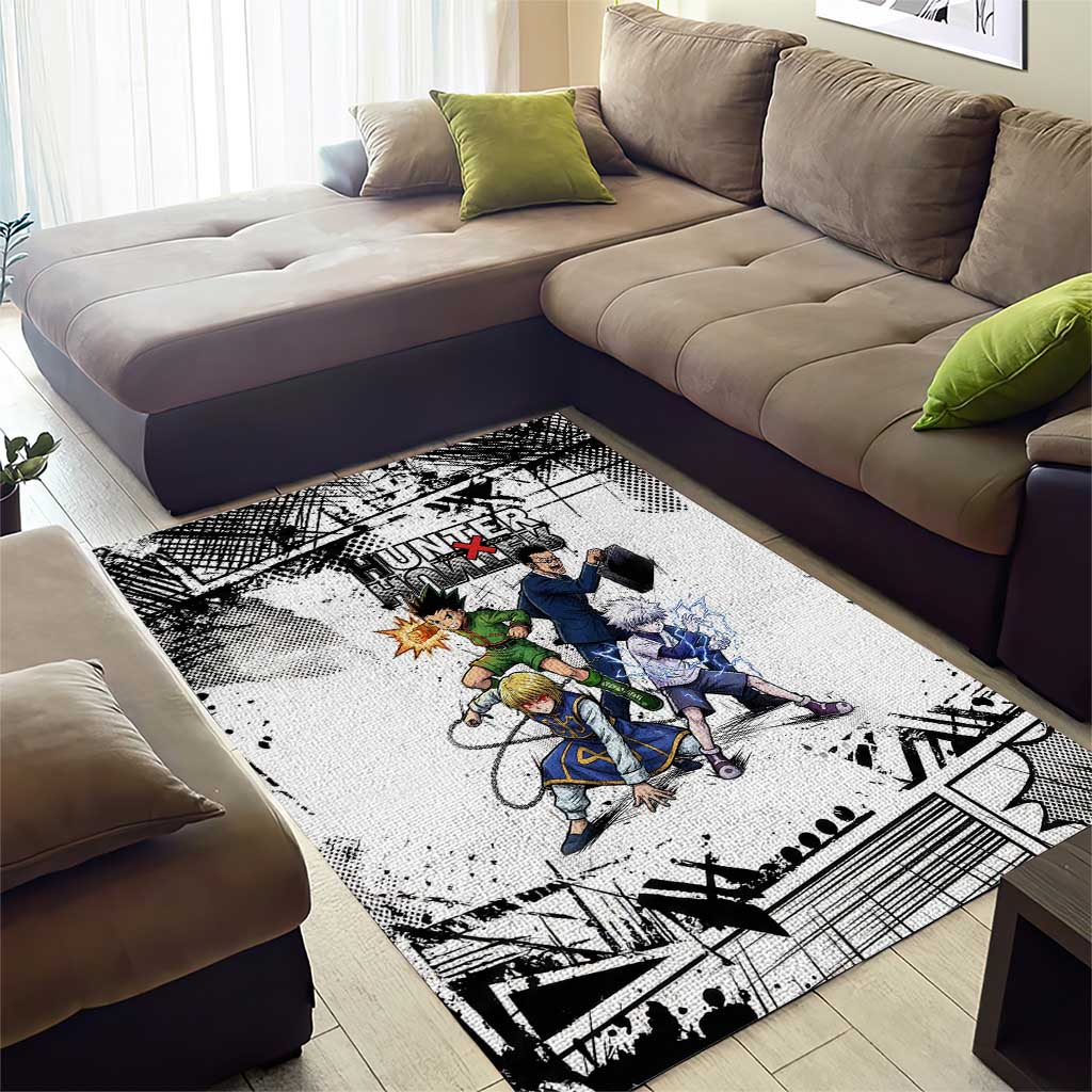 Main Characters Monochrome Graffiti Style Area Rug with Gon Killua Kurapika and Leorio Team Design - The Mazicc