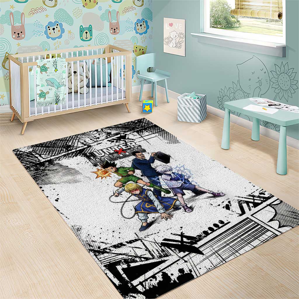 Main Characters Monochrome Graffiti Style Area Rug with Gon Killua Kurapika and Leorio Team Design - The Mazicc