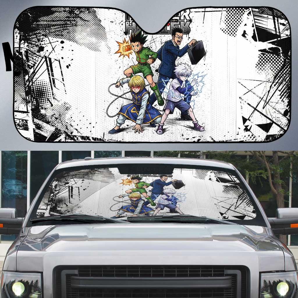 Main Characters Monochrome Graffiti Style Auto Sun Shade with Gon Killua Kurapika and Leorio Team Design - The Mazicc