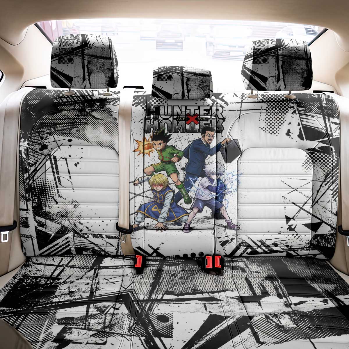 Main Characters Monochrome Graffiti Style Back Car Seat Cover with Gon Killua Kurapika and Leorio Team Design - The Mazicc