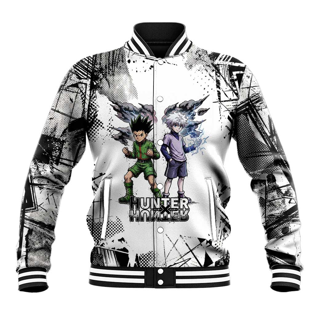 Main Characters Monochrome Graffiti Style Baseball Jacket with Gon Killua Kurapika and Leorio Team Design - The Mazicc