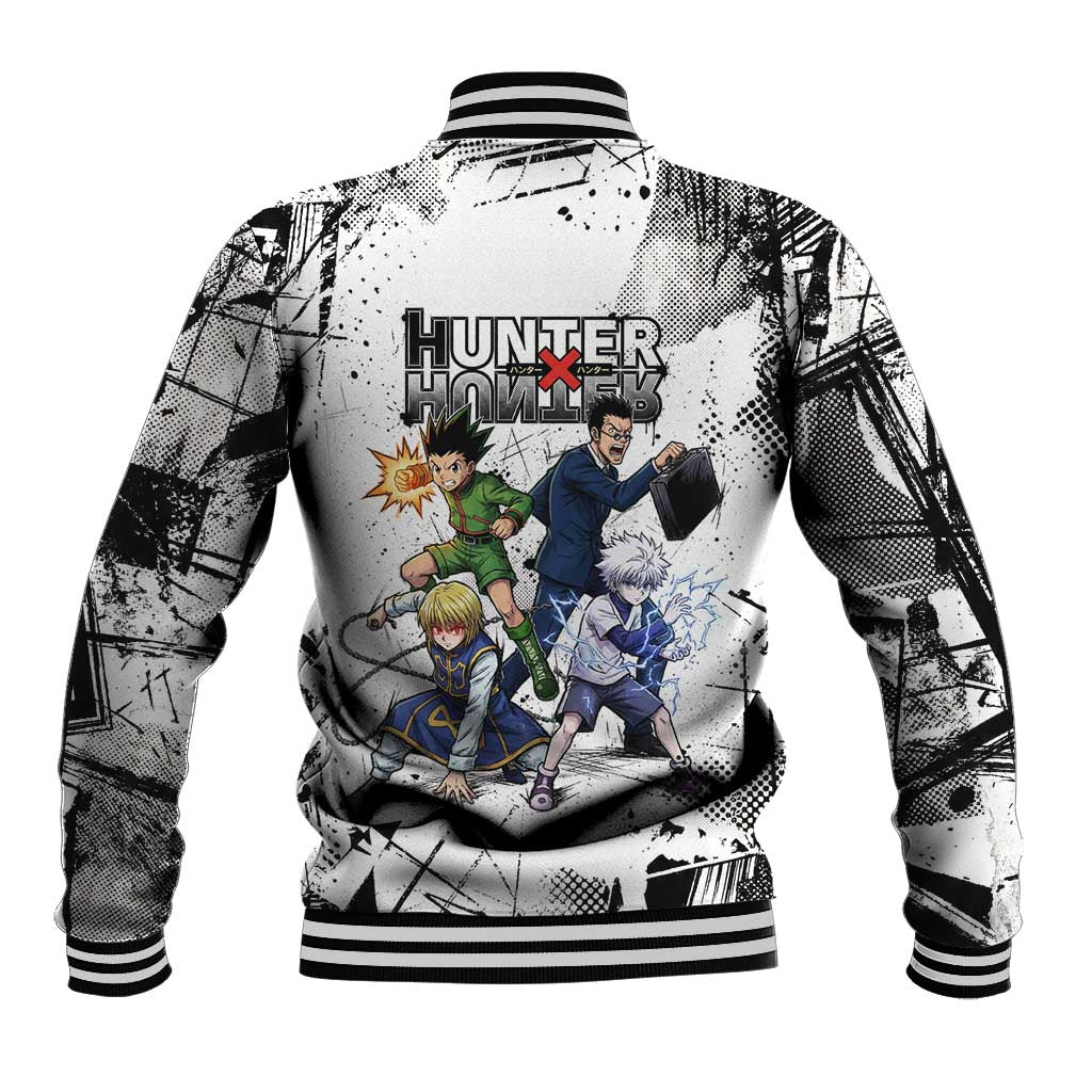 Main Characters Monochrome Graffiti Style Baseball Jacket with Gon Killua Kurapika and Leorio Team Design - The Mazicc