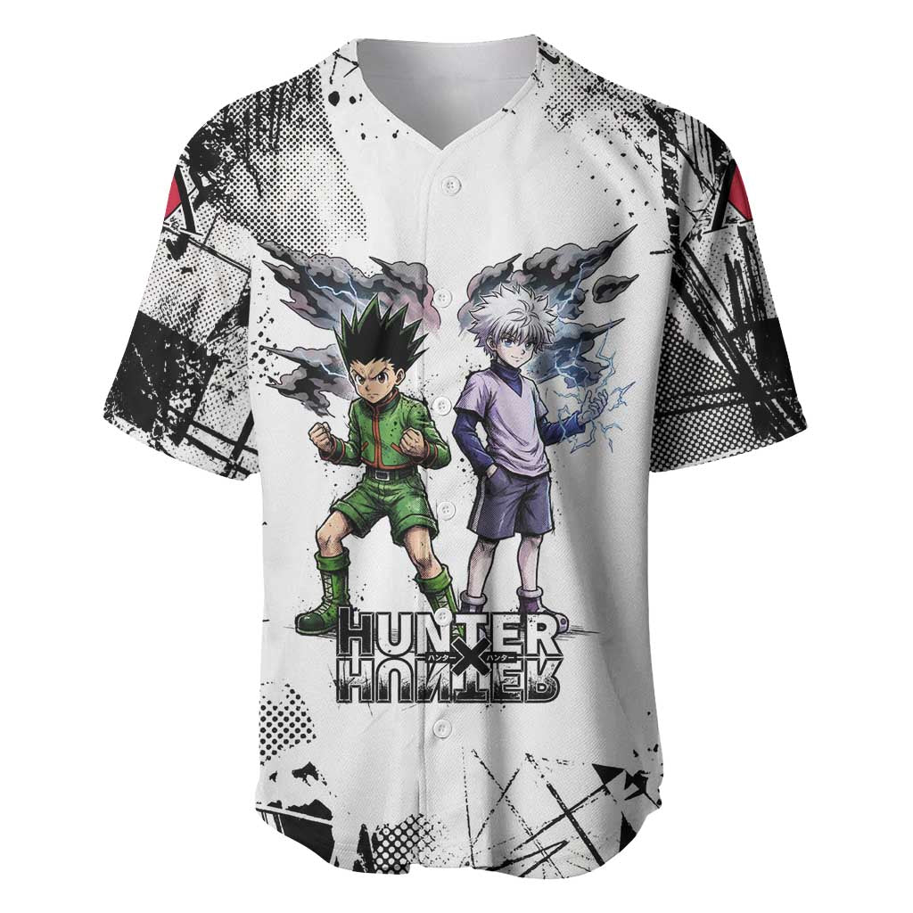Main Characters Monochrome Graffiti Style Baseball Jersey with Gon Killua Kurapika and Leorio Team Design - The Mazicc
