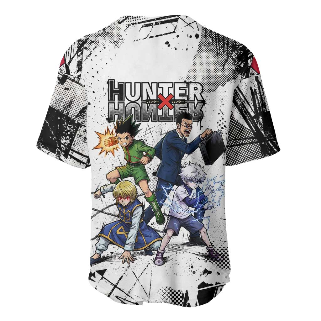 Main Characters Monochrome Graffiti Style Baseball Jersey with Gon Killua Kurapika and Leorio Team Design - The Mazicc