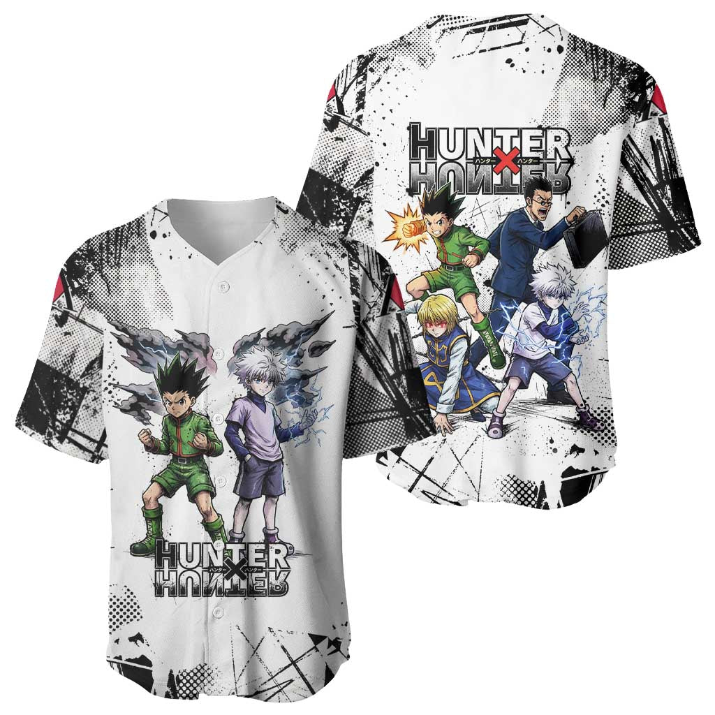 Main Characters Monochrome Graffiti Style Baseball Jersey with Gon Killua Kurapika and Leorio Team Design - The Mazicc