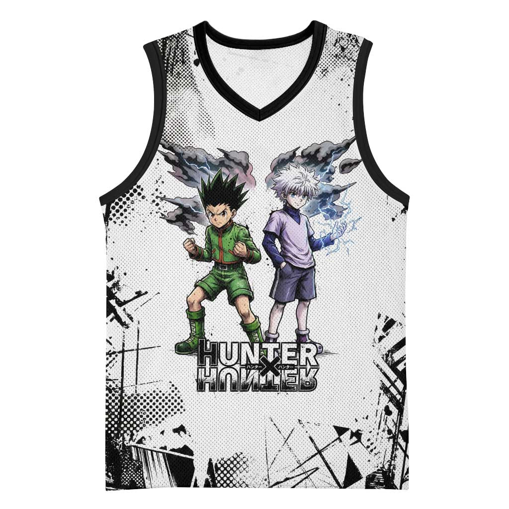 Main Characters Monochrome Graffiti Style Basketball Jersey with Gon Killua Kurapika and Leorio Team Design - The Mazicc