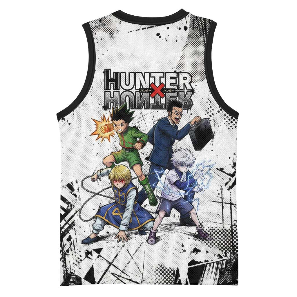 Main Characters Monochrome Graffiti Style Basketball Jersey with Gon Killua Kurapika and Leorio Team Design - The Mazicc