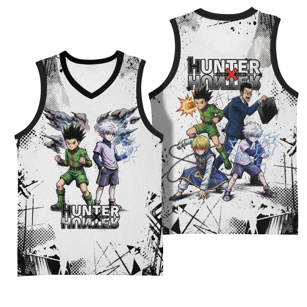 Main Characters Monochrome Graffiti Style Basketball Jersey with Gon Killua Kurapika and Leorio Team Design - The Mazicc