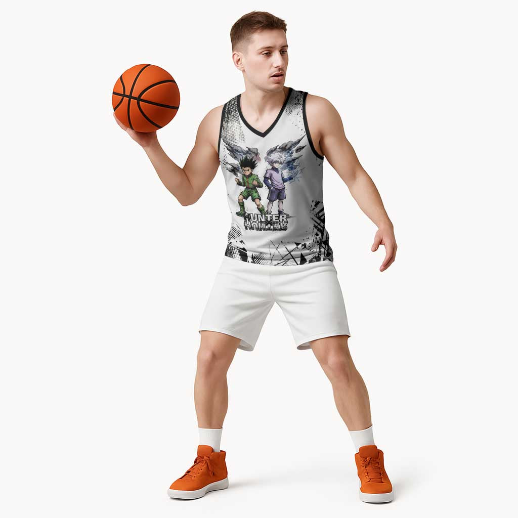 Main Characters Monochrome Graffiti Style Basketball Jersey with Gon Killua Kurapika and Leorio Team Design - The Mazicc