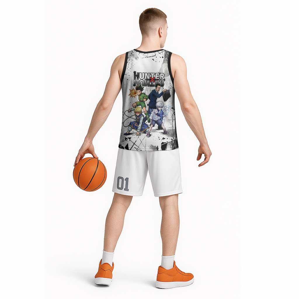 Main Characters Monochrome Graffiti Style Basketball Jersey with Gon Killua Kurapika and Leorio Team Design - The Mazicc