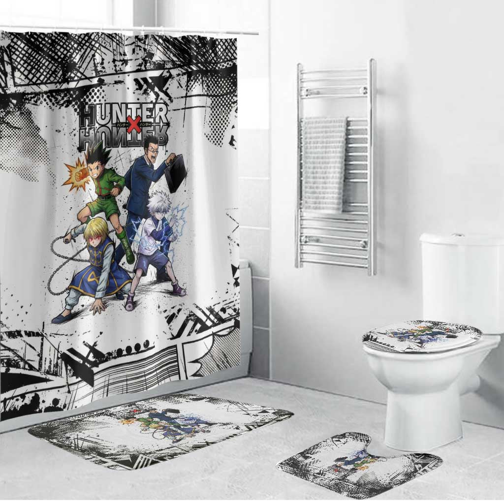 Main Characters Monochrome Graffiti Style Bathroom Set with Gon Killua Kurapika and Leorio Team Design - The Mazicc