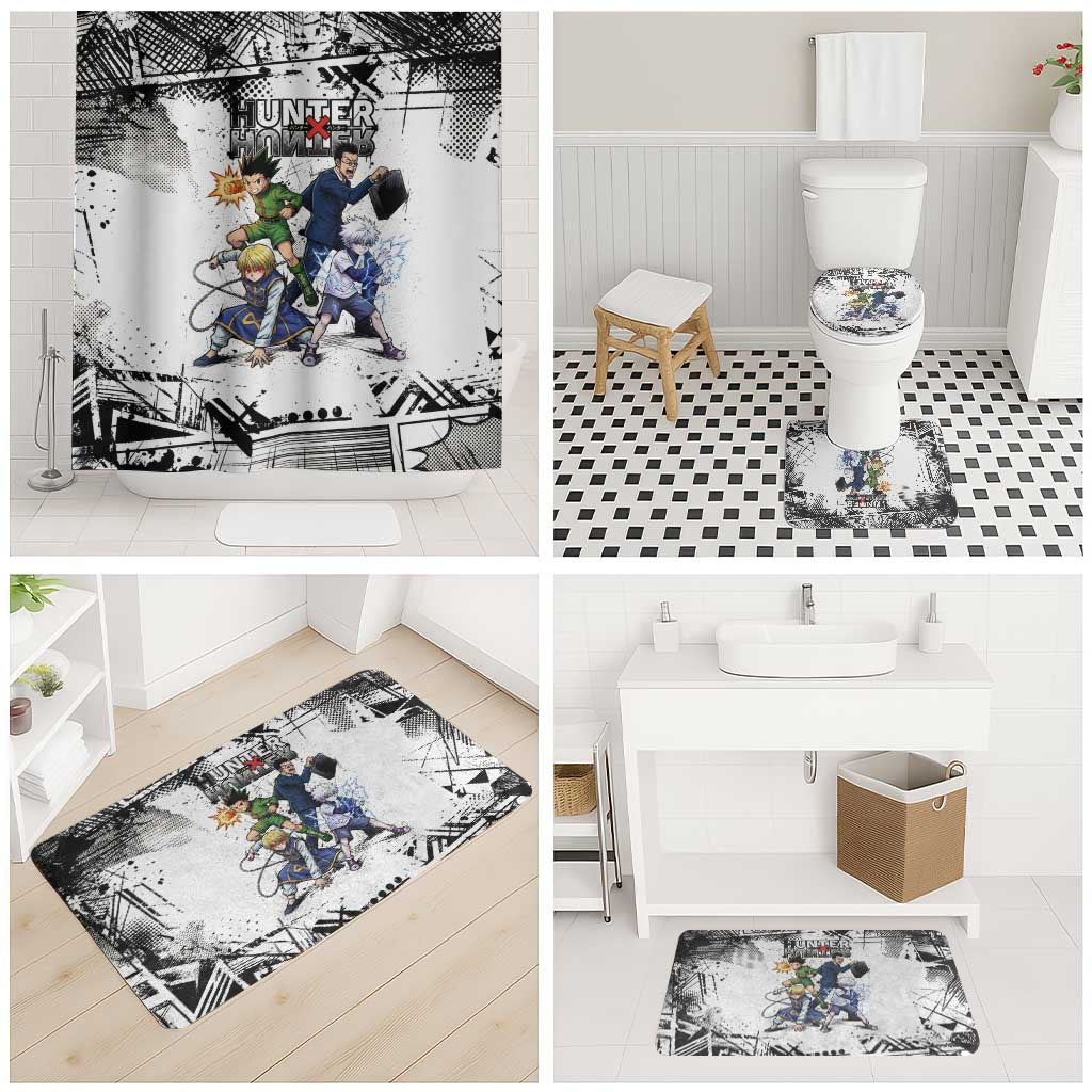 Main Characters Monochrome Graffiti Style Bathroom Set with Gon Killua Kurapika and Leorio Team Design - The Mazicc