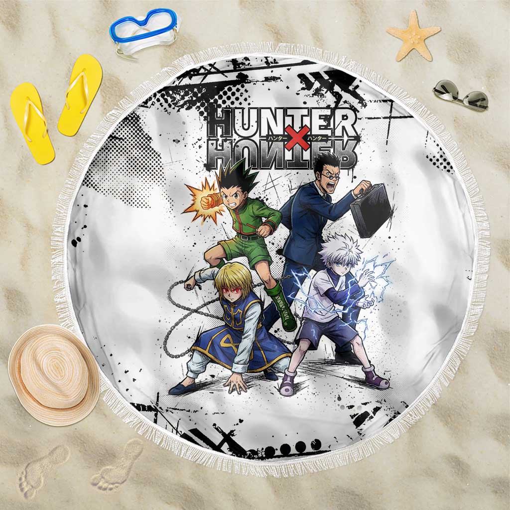 Main Characters Monochrome Graffiti Style Beach Blanket with Gon Killua Kurapika and Leorio Team Design - The Mazicc