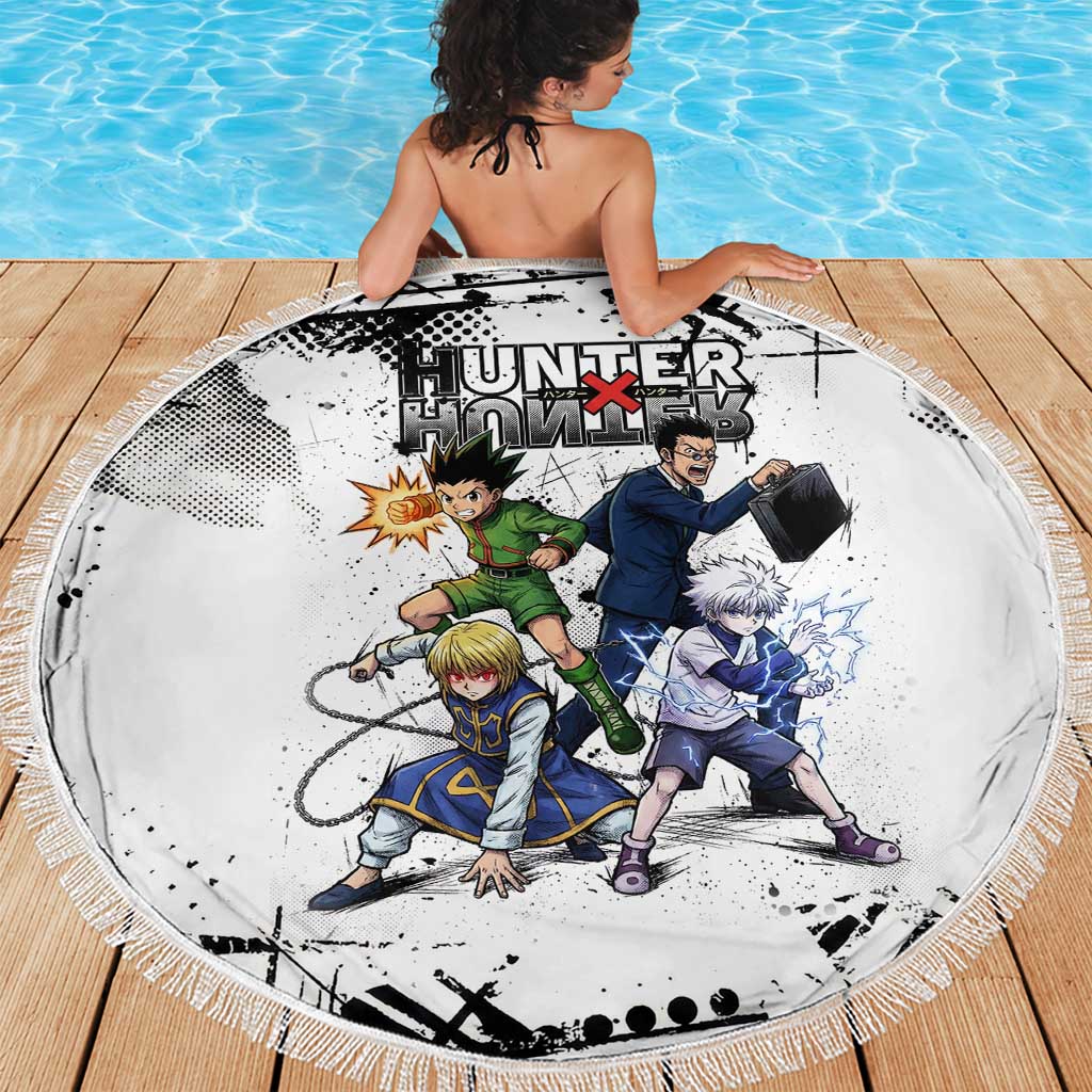 Main Characters Monochrome Graffiti Style Beach Blanket with Gon Killua Kurapika and Leorio Team Design - The Mazicc