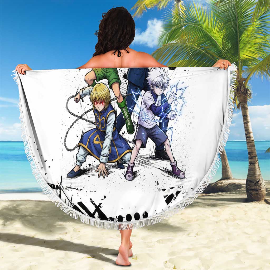 Main Characters Monochrome Graffiti Style Beach Blanket with Gon Killua Kurapika and Leorio Team Design - The Mazicc