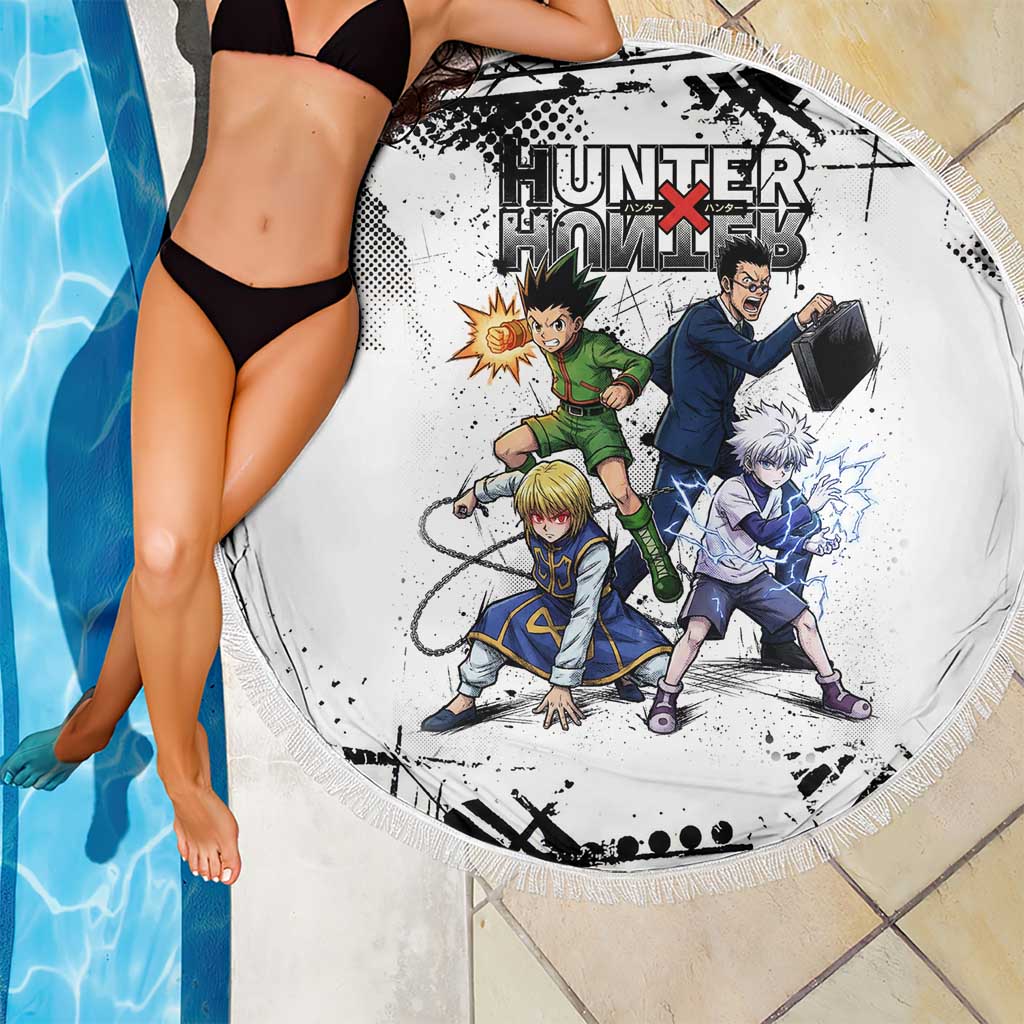 Main Characters Monochrome Graffiti Style Beach Blanket with Gon Killua Kurapika and Leorio Team Design - The Mazicc