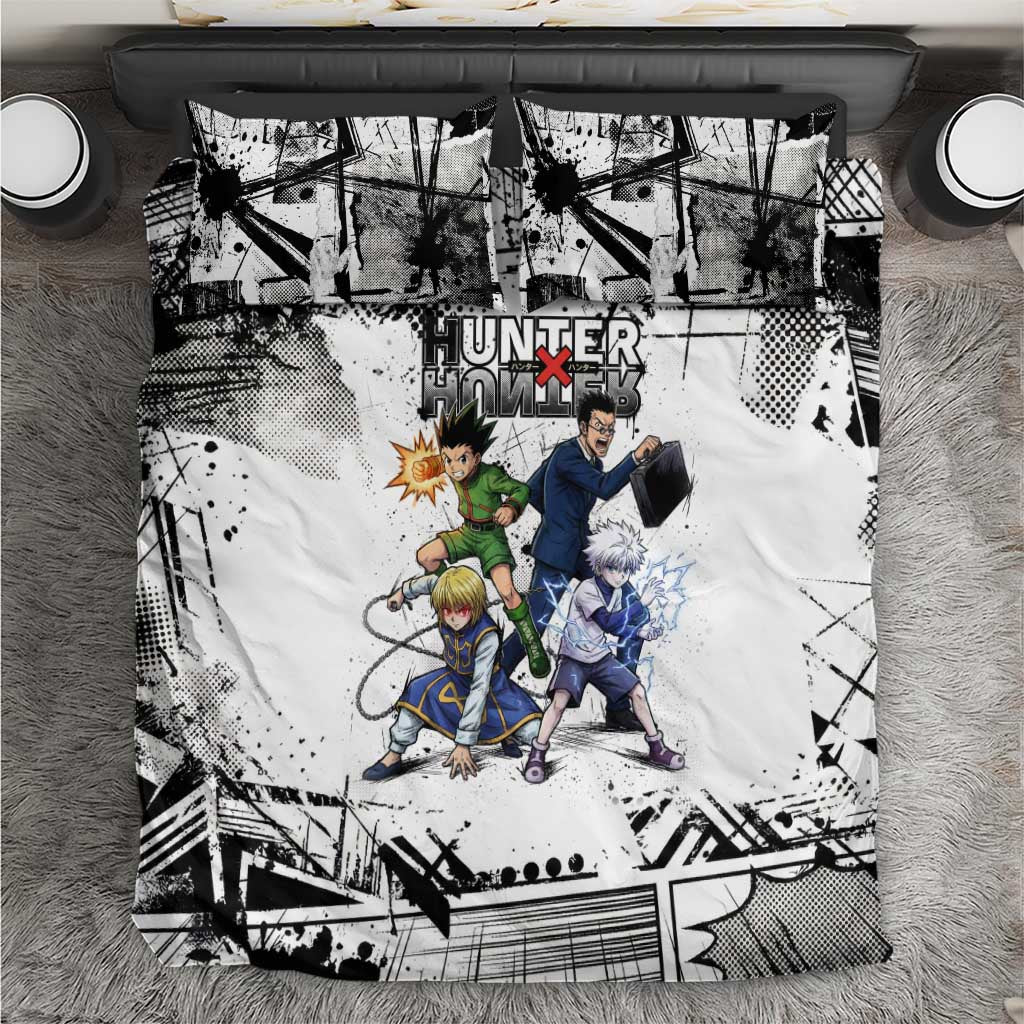 Main Characters Monochrome Graffiti Style Bedding Set with Gon Killua Kurapika and Leorio Team Design - The Mazicc