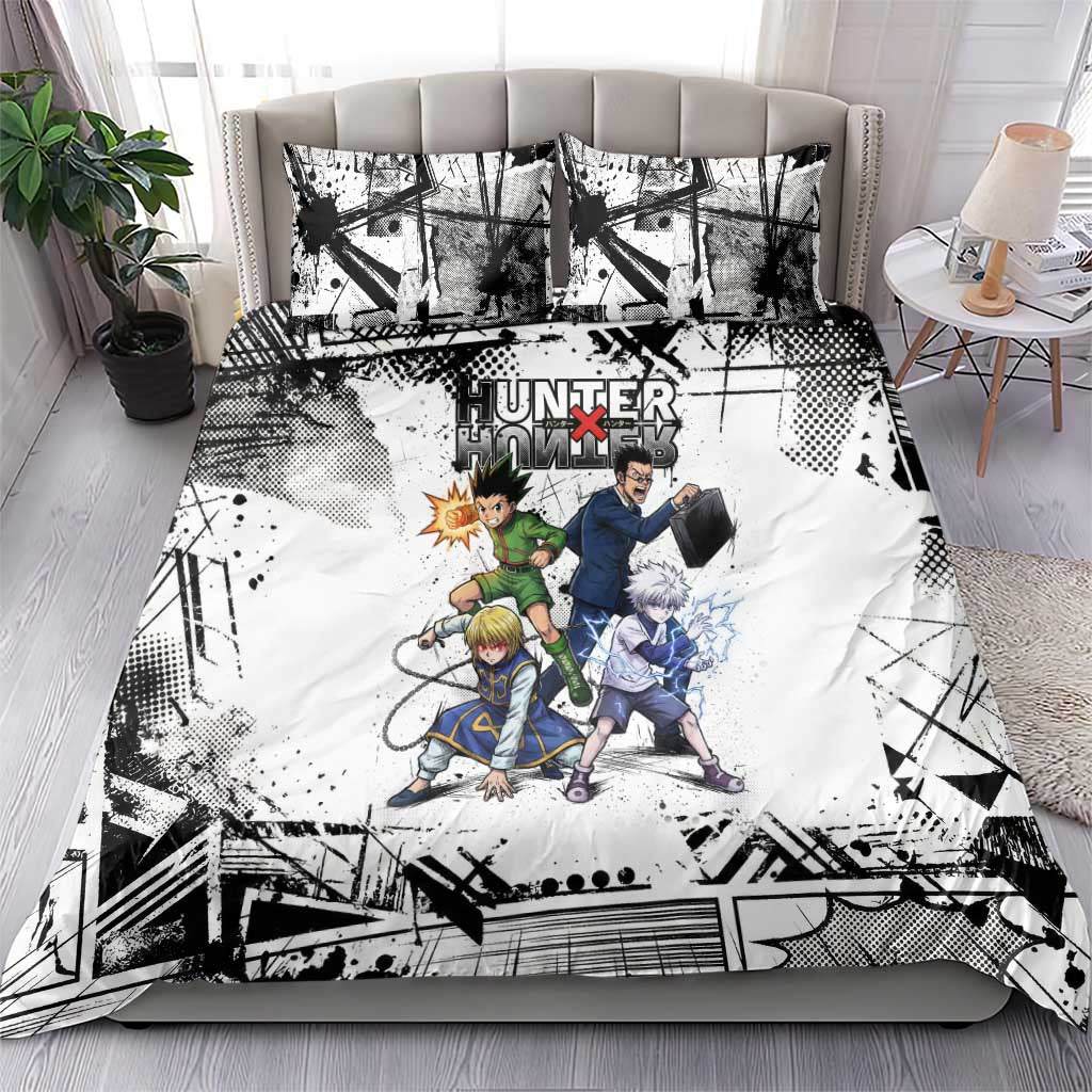 Main Characters Monochrome Graffiti Style Bedding Set with Gon Killua Kurapika and Leorio Team Design - The Mazicc
